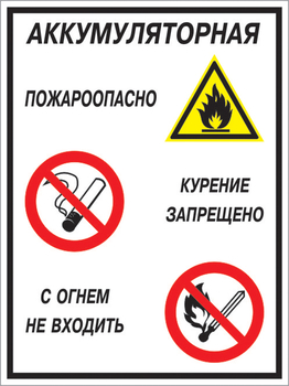 Кз 12 аккумуляторная - пожароопасно. курение запрещено, с огнем не входить. (пластик, 400х600 мм) - Знаки безопасности - Комбинированные знаки безопасности - . Магазин Znakstend.ru